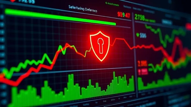 A photorealistic image of a complex digital dashboard showing real-time traffic analysis, with green lines representing legitimate user activity and red, jagged lines indicating bot attacks being intercepted by a glowing firewall icon. The dashboard has dynamic graphs and data points, reflecting active defense. Professional photography, 8K, cinematic lighting, sharp focus on the dashboard, depth of field blurring the background, shot on a high-end DSLR.