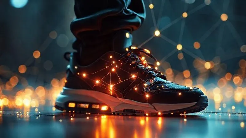 A photorealistic, professional photography image depicting a complex network of glowing digital lines and nodes, subtly forming a menacing bot-like silhouette, overlaid on a blurred image of sought-after streetwear sneakers. 8K, cinematic lighting, sharp focus on the digital network, depth of field, shot on a high-end DSLR.