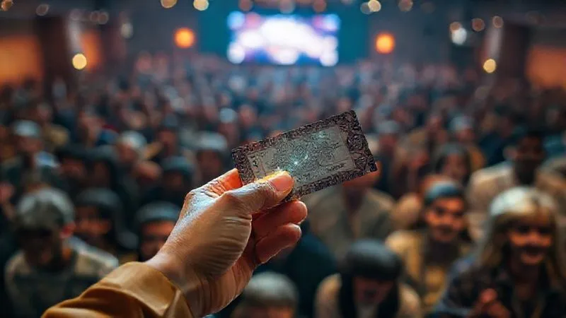A photorealistic, professional photography image of a hand holding a glowing digital raffle ticket against a background of a diverse crowd eagerly awaiting an announcement. The ticket has complex, secure-looking patterns. 8K, cinematic lighting, sharp focus on the raffle ticket, depth of field, shot on a high-end DSLR.
