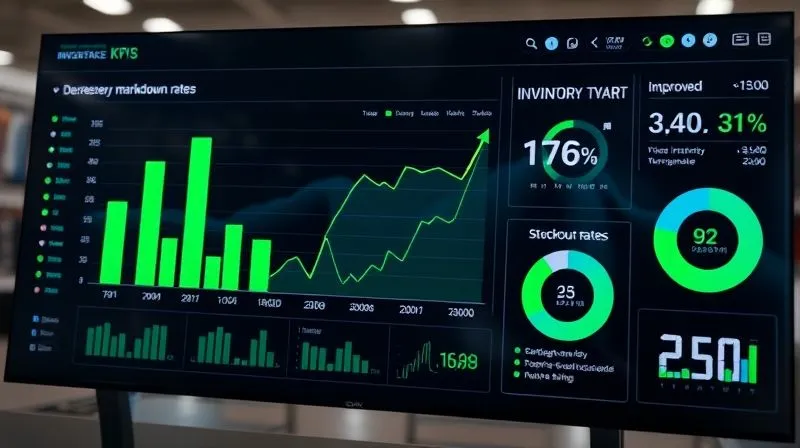 A photorealistic, professional photography, 8K, cinematic lighting, sharp focus, depth of field, shot on a high-end DSLR of a sleek, modern data dashboard displaying various KPIs related to inventory management: a bar chart showing decreasing markdown rates, a line graph illustrating improved inventory turnover, and a pie chart for stockout rates, all with green upward arrows and positive metrics, conveying success and efficiency.