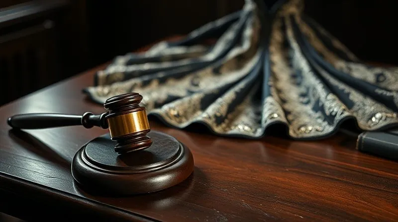 A photorealistic image of a polished wooden desk with a judge's gavel resting next to a highly detailed haute couture garment, possibly a draped dress or an intricately embroidered jacket, dramatically lit with sharp contrasts and deep shadows. Professional photography, 8K, cinematic lighting, sharp focus, depth of field, shot on a high-end DSLR.