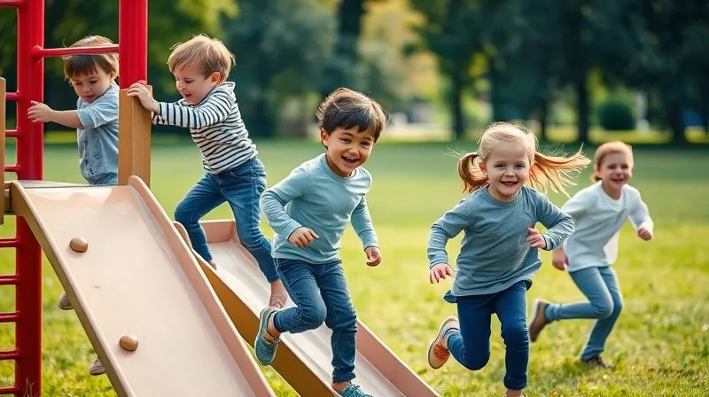 A photorealistic, professional photography shot, 8K, cinematic lighting, of a diverse group of happy children (around 6-8 years old) actively playing outdoors in a park. One child is carefully navigating a climbing structure, another is sliding down a smooth slide, and a third is running across a grassy field. All children are wearing durable, well-fitting clothes that show no signs of rips or tears. Sharp focus on the children's joyful expressions, depth of field blurring the distant trees. Shot on a high-end DSLR, conveying active play and resilient clothing.