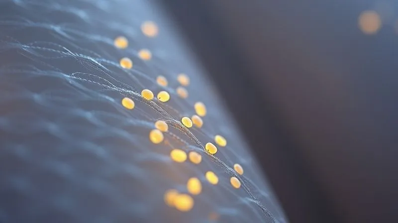 A photorealistic, highly magnified microscopic view of synthetic fabric fibers, with tiny, glowing bacterial colonies embedded within the weave. The fibers are sleek and synthetic, while the bacteria are distinct, creating a visual tension between the fabric's intended performance and the microbial challenge. Professional scientific photography, 8K, sharp focus, depth of field, cinematic lighting.