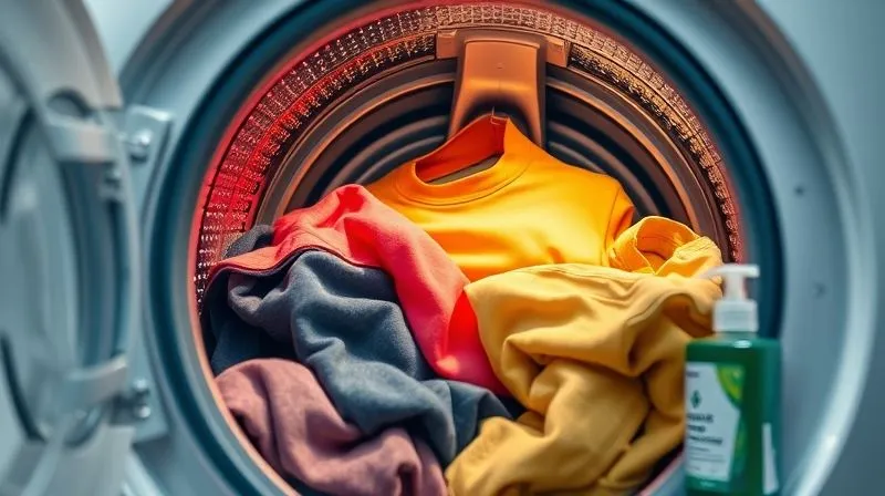 A photorealistic, professional photography, 8K, cinematic lighting, sharp focus, depth of field, shot on a high-end DSLR, of a modern, sleek washing machine's open drum, filled with a mix of colorful, clean synthetic activewear. Water droplets are visible, suggesting a cold wash cycle, and a bottle of specialized sports detergent is subtly placed nearby. The scene should convey freshness and effective cleaning.