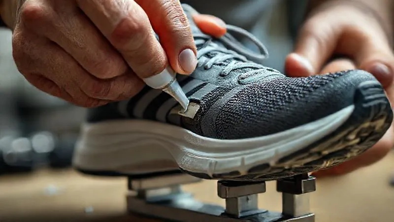 A close-up photorealistic shot of an athletic shoe being repaired. A person's hands are carefully applying a specialized shoe adhesive to a small section of sole separation near the toe box. The shoe is held firmly in a jig or with clamps, emphasizing precision and care. Cinematic lighting, sharp focus on the repair area, depth of field blurring the background, 8K hyper-detailed, professional photography.