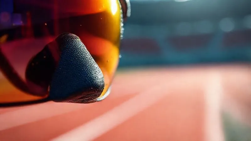 A close-up, photorealistic image of high-performance sports eyewear, focusing on the textured, hydrophilic rubber nose pads and temple tips. A fine mist of water droplets is visible on the rubber, highlighting its grip-enhancing properties. The background is a blurred athletic track, 8K, cinematic lighting, sharp focus, depth of field, professional photography, shot on a high-end DSLR.