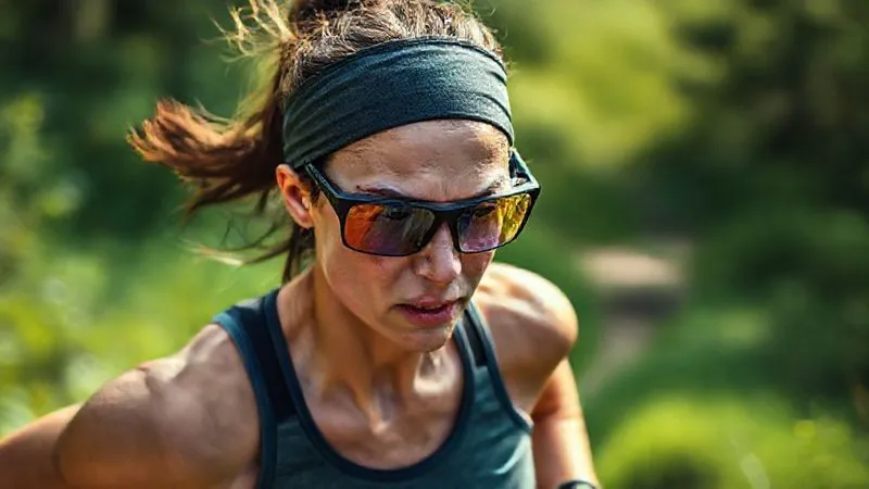 A dynamic, photorealistic image of a female trail runner in mid-stride, wearing a moisture-wicking sweatband and high-performance sports eyewear. Sweat is visible on her temples, but the sweatband is effectively absorbing forehead perspiration. The focus is on her determined expression and the secure fit of her gear. Lush green trail background, cinematic lighting, 8K, sharp focus, depth of field, professional photography, shot on a high-end DSLR.