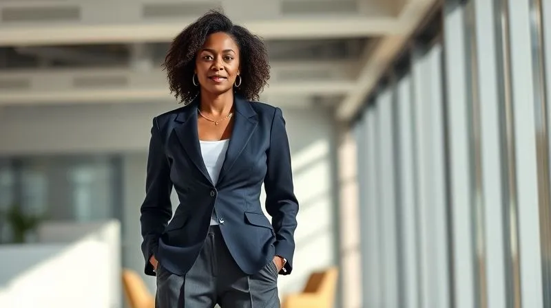 photorealistic, professional photography, 8K, cinematic lighting, sharp focus, depth of field, shot on a high-end DSLR. A diverse female executive, mid-30s, standing confidently in a modern, sunlit office. She wears a perfectly tailored, structured blazer with subtle shoulder definition in a deep navy, paired with high-waisted, pleated gray trousers. Her posture is strong, and the fabric textures are clearly visible, conveying professionalism and elegance.