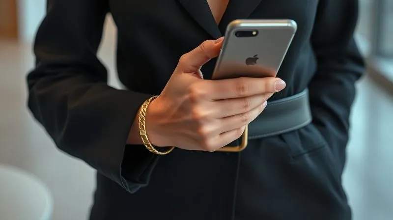 photorealistic, professional photography, 8K, cinematic lighting, sharp focus, depth of field, shot on a high-end DSLR. A close-up shot of a professional woman's mid-section and hands, showing elegant 80s-inspired accessories. She wears a structured black blazer, cinched at the waist by a wide, minimalist gold-buckled leather belt. Her wrist features a single chunky gold bangle, and her fingers hold a sleek, modern smartphone. The focus is on the textures and the subtle blend of retro and contemporary style.