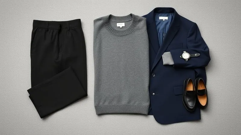 A meticulously arranged flat lay of a sophisticated athleisure office outfit. Items include tailored black ponte pants, a soft grey performance knit crewneck sweater, a structured navy stretch blazer, sleek black leather loafers, and a minimalist silver watch. The fabrics appear luxurious and high-quality. Photorealistic, professional photography, 8K, cinematic lighting, sharp focus on the textures and details, depth of field subtly blurring the edges of the flat lay arrangement.