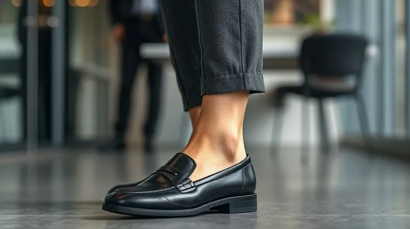 A close-up shot focusing on the lower half of a professional woman's outfit in an office setting. She is wearing tailored charcoal grey athleisure pants (e.g., ponte or refined technical fabric) paired with sleek black leather loafers. Her ankle is visible, showcasing a clean, sophisticated line. The background is a subtly blurred modern office floor and furniture. Photorealistic, professional photography, 8K, cinematic lighting, sharp focus on the shoes and pant fabric, depth of field blurring the background. The mood is refined and comfortable.
