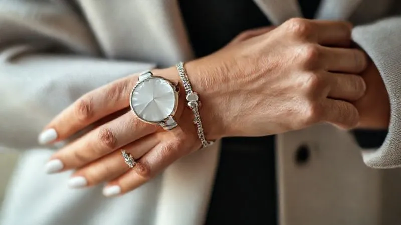 A close-up of a stylish woman's wrist and hand, showcasing a modern minimalist silver watch layered with a delicate classic chain bracelet and a contemporary stack of rings. Her attire is subtly visible, suggesting a modern, tailored aesthetic. Photorealistic, professional photography, 8K, cinematic lighting, sharp focus, depth of field.