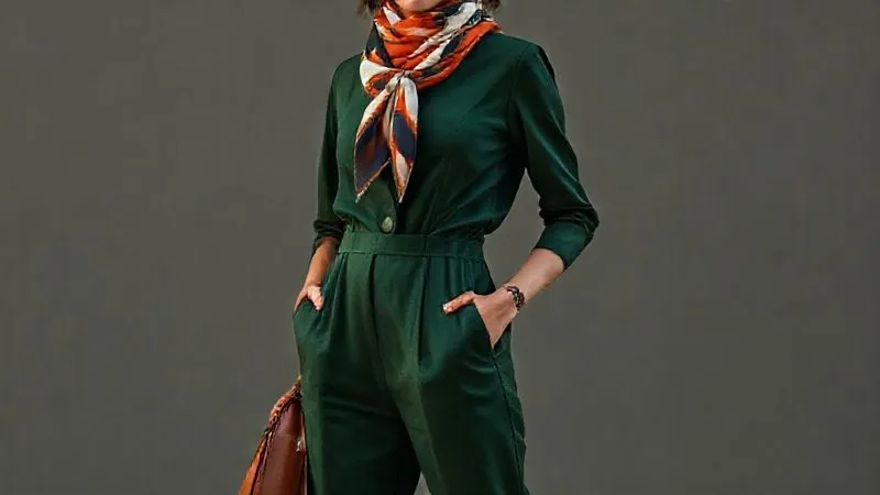 A full-body shot of a model wearing a minimalist tailored jumpsuit in a rich, solid color (e.g., deep forest green or terracotta) accented by a bold, colorful classic silk scarf tied artfully around her neck and a structured, classic leather handbag in a complementary hue. The overall look is modern and sophisticated. Photorealistic, professional photography, 8K, cinematic lighting, sharp focus, depth of field.