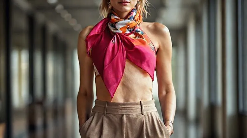 A creative shot of a classic, vibrant silk scarf artfully tied as a stylish and modern halter top, paired with high-waisted contemporary trousers. The focus is on the innovative styling of the scarf, showcasing its versatility beyond traditional uses. Photorealistic, professional photography, 8K, cinematic lighting, sharp focus, depth of field.