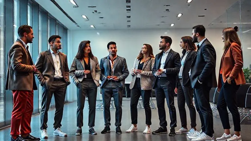A photorealistic image of a diverse group of modern executives in a sleek, minimalist office space, engaged in conversation. They are dressed in a variety of sophisticated business casual outfits, subtly incorporating premium streetwear elements like tailored trousers, high-quality knitwear, and stylish, minimalist sneakers. The atmosphere is collaborative and forward-thinking, with cinematic lighting and sharp focus on their expressions and attire. 8K hyper-detailed.