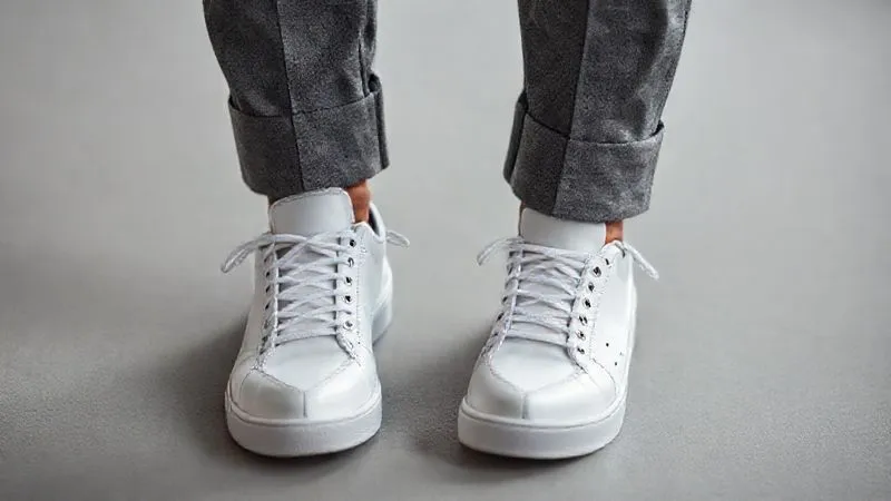 A photorealistic close-up of a pair of pristine, minimalist white leather sneakers worn with perfectly tailored grey wool trousers. The lighting is sharp and highlights the clean lines and quality materials of both the shoes and the trousers, creating a sophisticated and modern executive look. Shot on a high-end DSLR, 8K hyper-detailed.