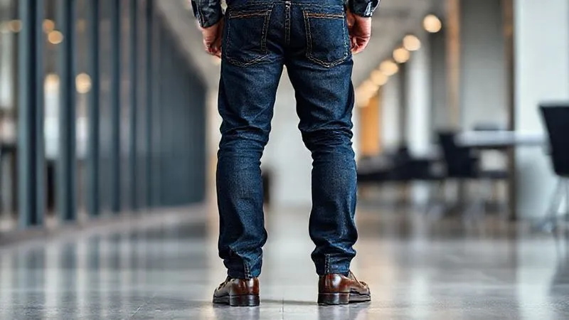 A photorealistic, professional photography shot of a man from the waist down, standing confidently. He is wearing perfectly tailored, dark indigo selvedge denim jeans with a slight taper and polished dark brown leather dress shoes. The denim shows subtle texture, sharp focus on the fit and fabric, depth of field blurring a contemporary office background. 8K hyper-detailed, cinematic lighting, shot on a high-end DSLR.