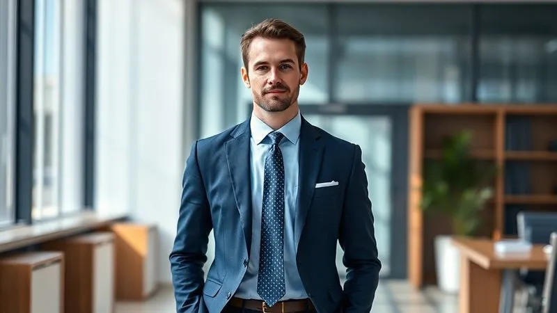 A photorealistic, professional photography shot of a confident man in a perfectly tailored navy suit, a light blue dress shirt, and a subtly patterned tie. He stands in a modern, sunlit office environment, exuding quiet authority and sophistication. Cinematic lighting, sharp focus on his attire, depth of field, 8K hyper-detailed, shot on a high-end DSLR.