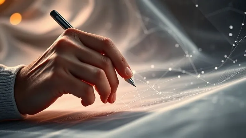 Photorealistic, professional photography, 8K, cinematic lighting, sharp focus, depth of field, shot on a high-end DSLR. A beautifully lit, detailed close-up of a designer's hand tracing a complex pattern on a translucent fabric, with a subtle overlay of digital data flowing, symbolizing transparency in the creative process and supply chain.