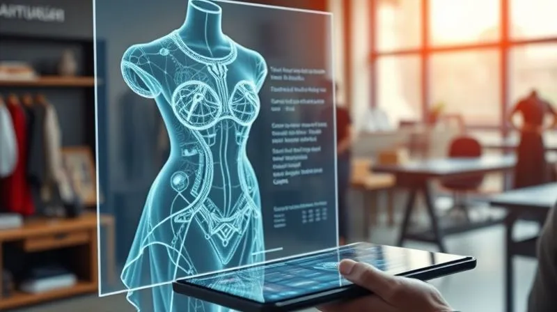 Photorealistic, professional photography, 8K, cinematic lighting, sharp focus, depth of field, shot on a high-end DSLR. A futuristic atelier scene with a holographic display showing a complex avant-garde garment design, while a couturier's hand touches a tablet displaying blockchain data and ethical supply chain information, blending high-tech and traditional craftsmanship seamlessly.