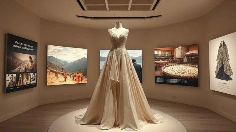 Photorealistic, professional photography, 8K, cinematic lighting, sharp focus, depth of field, shot on a high-end DSLR. A gallery-like setting with an avant-garde haute couture gown displayed, surrounded by subtle, glowing digital panels showing visual stories of its ethical sourcing, artisan craftsmanship, and sustainable material journey, captivating a discerning audience.