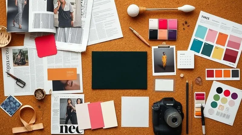 A photorealistic, professional photography shot of a meticulously organized physical mood board for a fashion shoot, featuring torn magazine pages, fabric swatches, color palettes, and small objects, arranged artistically on a corkboard, cinematic lighting, sharp focus on the textures, depth of field, 8K hyper-detailed, shot on a high-end DSLR.