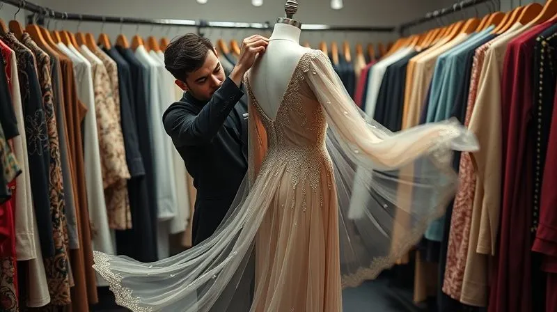 A photorealistic, professional photography shot of a stylist meticulously adjusting a flowing, intricate garment on a mannequin, surrounded by racks of diverse clothing and accessories, cinematic lighting, sharp focus on the garment details, depth of field blurring the background, 8K hyper-detailed, shot on a high-end DSLR.
