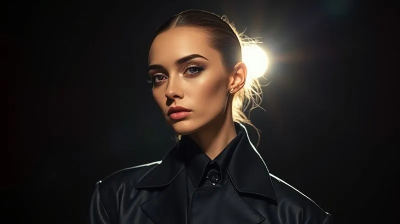A photorealistic, professional photography shot of a fashion model dramatically lit by a single, powerful cinematic light source from the side, creating deep shadows and highlights on their face and avant-garde garment, sharp focus, depth of field, 8K hyper-detailed, shot on a high-end DSLR.