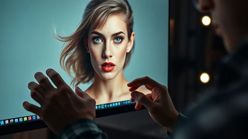 A photorealistic, professional photography shot of a retoucher's hands working on a high-resolution image of a fashion portrait on a glowing monitor, showing subtle adjustments to color grading and skin texture, cinematic lighting, sharp focus on the screen and hands, depth of field, 8K hyper-detailed, shot on a high-end DSLR.