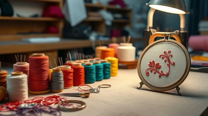 photorealistic, professional photography, 8K, cinematic lighting, sharp focus, depth of field, shot on a high-end DSLR, a meticulously organized workbench in a haute couture atelier, featuring various spools of silk thread in vibrant colors, delicate needles, thimbles, and small, intricate embroidery hoops with partially completed designs, glowing under a focused task light, conveying precision and artistry.