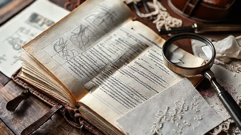 Photorealistic, professional photography, 8K, cinematic lighting, sharp focus, depth of field, shot on a high-end DSLR. A vintage leather-bound notebook open to a page with meticulously hand-drawn diagrams and notes detailing complex embroidery stitches, alongside a magnifying glass and delicate couture embroidery samples. The scene suggests careful preservation and study.