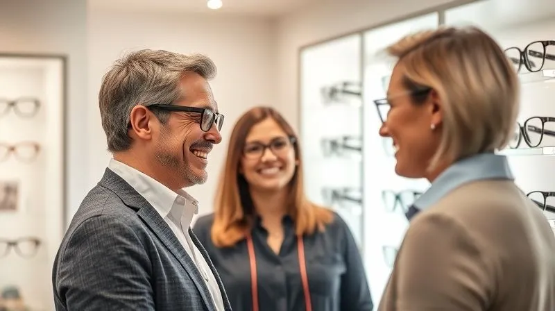 A professional eyewear stylist, with a warm and engaging smile, actively listening to a client in a well-lit optical boutique. The client is looking into a mirror, trying on a classic frame, while the stylist offers thoughtful, personalized advice. Natural light, soft textures, genuine interaction. Photorealistic, professional photography, 8K, cinematic lighting, sharp focus on their interaction, depth of field blurring the background, shot on a high-end DSLR.