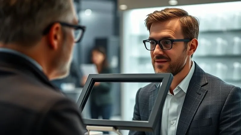 A photorealistic, professional photography, 8K, cinematic lighting, sharp focus, depth of field, shot on a high-end DSLR, of an optical sales professional with a warm, attentive expression, leaning slightly forward, making eye contact with a client who is speaking. The client's face is partially obscured, suggesting the focus is on the salesperson's active listening. A high-end designer frame sits on a display stand between them, subtly in focus.