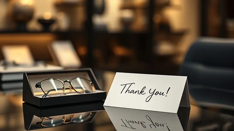 A photorealistic, professional photography, 8K, cinematic lighting, sharp focus, depth of field, shot on a high-end DSLR, of a beautifully handwritten thank-you card on a sophisticated desk, next to a pair of elegant designer glasses in their case. The background is a softly blurred, luxurious office or boutique setting, emphasizing personal touch and attention to detail.