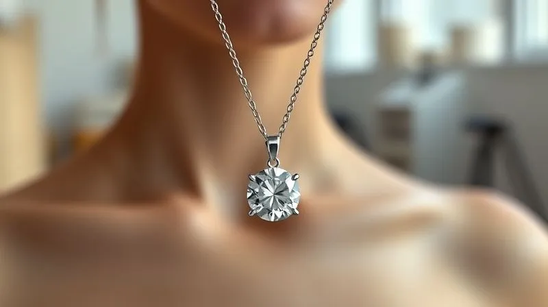 A photorealistic, professional photography, 8K, cinematic lighting, sharp focus, depth of field shot of a sleek, modern silver necklace featuring a single, antique rose-cut diamond as its central pendant. The background is blurred, showing a designer's minimalist studio, emphasizing the contrast and harmony between old and new.