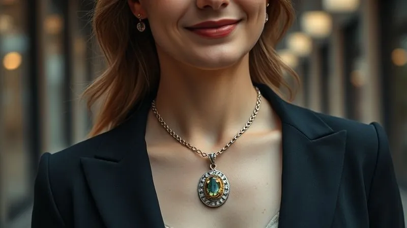 A photorealistic, professional photography, 8K, cinematic lighting, sharp focus, depth of field shot of a elegantly dressed woman, mid-30s, confidently wearing a newly redesigned vintage necklace. The necklace features a modernized antique gemstone pendant on a contemporary chain. She is smiling subtly, in a sophisticated urban setting, with soft natural light highlighting the jewelry.