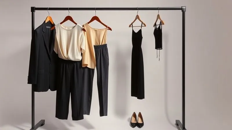 photorealistic, professional photography, 8K, cinematic lighting, sharp focus, depth of field, shot on a high-end DSLR, a minimalist capsule wardrobe displayed neatly on a clothing rack, featuring a black tailored blazer, a cream silk blouse, wide-leg charcoal trousers, a black sheath dress, and a pair of classic nude pumps, soft studio lighting, elegant and organized.
