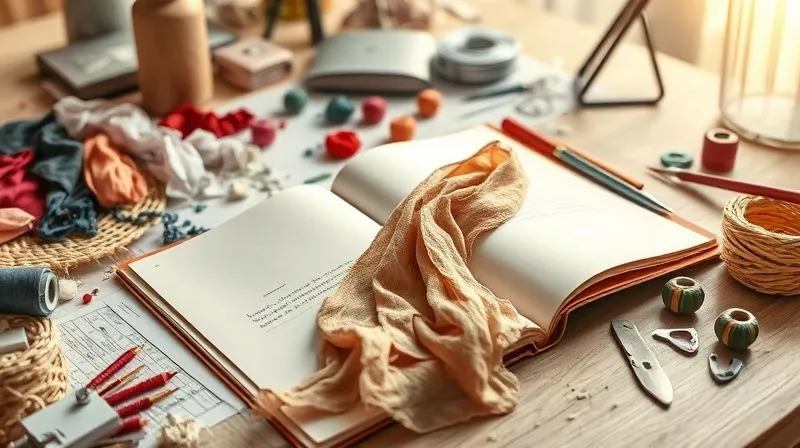 A photorealistic, professional photography, 8K, of a designer's studio desk, with various fabric scraps, threads, and tools scattered around an open sketchbook. A single, intricately draped piece of fabric, catching the light beautifully, stands out, suggesting an accidental discovery. Cinematic lighting creates a warm, inviting atmosphere, with sharp focus on the fabric and depth of field blurring the background. Shot on a high-end DSLR.