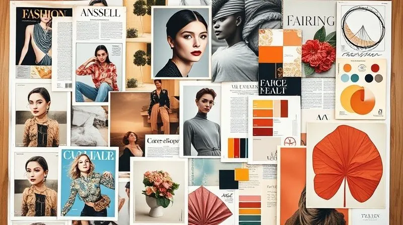 A photorealistic image of a meticulously crafted physical mood board, featuring high-fashion magazine tear sheets, vintage photographs, fabric swatches, color chips, and abstract art pieces, all cohesively arranged. Cinematic lighting highlights textures and details, sharp focus on the central elements, with a soft depth of field, 8K hyper-detailed.