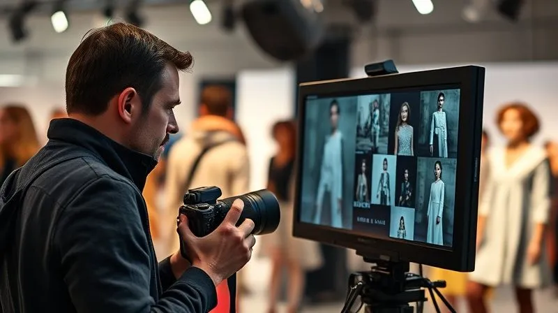 A photorealistic, professional photography, 8K, cinematic lighting, sharp focus, depth of field, shot on a high-end DSLR, showing a fashion photographer and a creative director intensely reviewing images on a monitor on a bustling set. Models and stylists are visible in the blurred background, suggesting a dynamic, collaborative environment, focused on achieving the perfect shot.