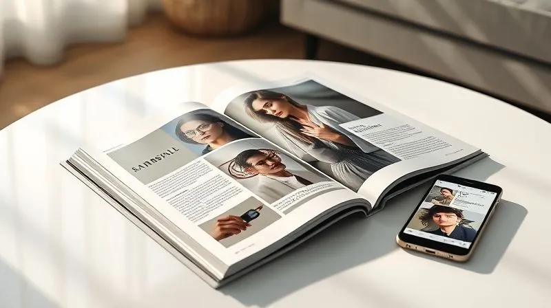 A photorealistic image of a beautifully designed high-fashion magazine spread, featuring a compelling editorial photograph. The magazine is open on a pristine, minimalist coffee table, with soft, natural light illuminating the pages. A subtle, high-end smartphone or tablet is nearby, displaying the same editorial content, illustrating multi-channel distribution. Sharp focus on the magazine, with a soft depth of field, 8K hyper-detailed.