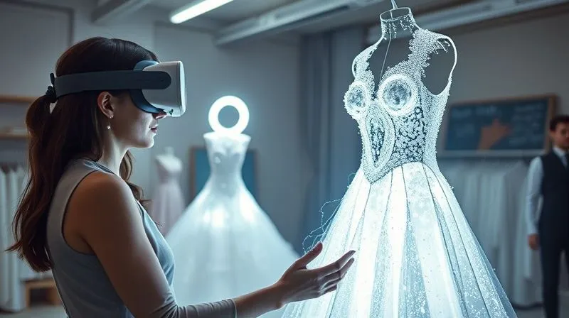 A photorealistic, futuristic atelier where a client, wearing a sleek VR headset, is virtually interacting with a shimmering, ethereal haute couture gown. Digital light streams emanate from the garment, showing intricate details, while a human designer looks on, ready to assist. Cinematic lighting, 8K, sharp focus, depth of field, shot on a high-end DSLR, professional photography, blending technology and craftsmanship.