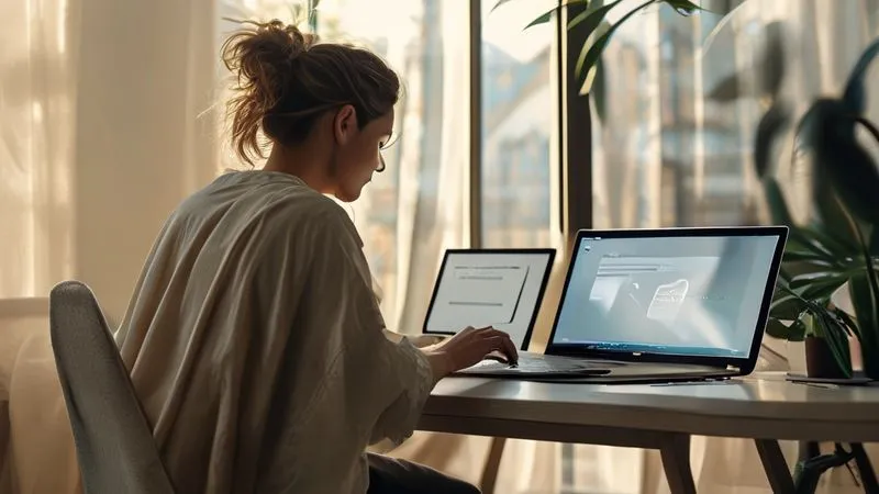 A photorealistic image of a person sitting at a minimalist desk, typing thoughtfully on a laptop, with a sustainable fashion garment draped over a chair in the background. The screen shows a draft email with questions directed at a brand. Soft, natural light illuminates the scene. Professional photography, 8K, cinematic lighting, sharp focus on the person and laptop, depth of field.