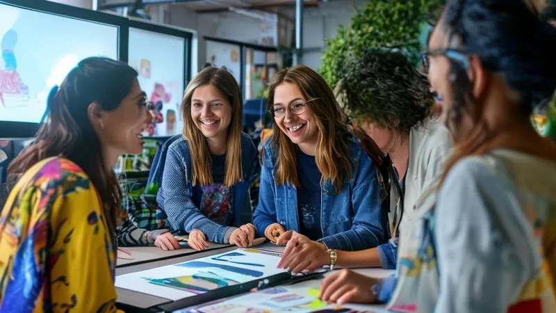 A photorealistic image of a diverse group of people engaged in a lively discussion about sustainable fashion, perhaps at a community workshop or an online forum projected on a screen. They are smiling, sharing ideas, and holding up examples of sustainable fabrics or products. The setting is bright and collaborative. Professional photography, 8K, cinematic lighting, sharp focus on the group, depth of field.