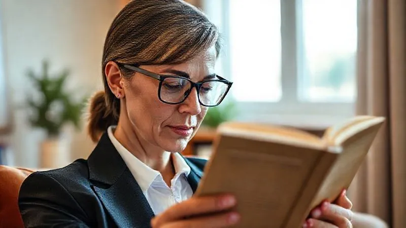 A photorealistic image of a person (mid-40s, professional attire) wearing stylish progressive eyeglasses, demonstrating correct head and eye movement for reading a book. Their head is slightly tilted down, eyes looking through the lower portion of the lenses, with the book held at a natural reading distance. Cinematic lighting, sharp focus on the person and book, depth of field blurring a cozy, well-lit reading nook. Professional photography, 8K.