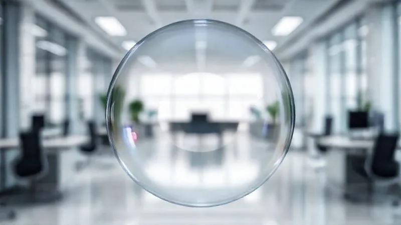 A photorealistic abstract representation of vision through progressive lenses. The central area is crystal clear and sharp, transitioning outwards to a subtle, soft blur or slight distortion at the periphery, symbolizing the progression corridor and peripheral aberrations. The background is a modern, clean office environment. Professional photography, 8K, cinematic lighting, sharp focus on the clear center, depth of field.