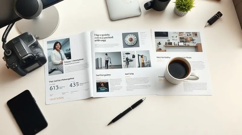 A photorealistic, professional photography, 8K, cinematic lighting, sharp focus, depth of field, shot on a high-end DSLR. A beautifully designed, open media kit spread across a minimalist desk, showcasing high-quality photography, clear statistics, and glowing testimonials, alongside a stylish pen and a cup of coffee, conveying professionalism and curated content.
