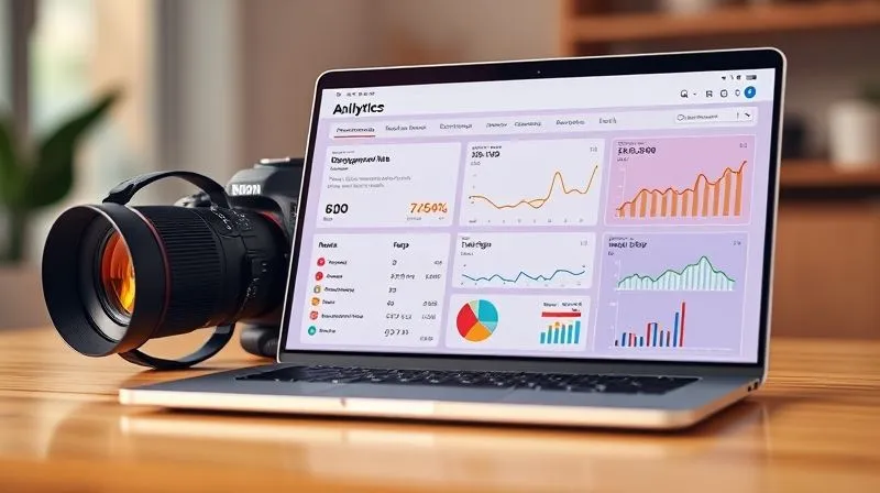 A photorealistic, professional photography, 8K, cinematic lighting, sharp focus, depth of field, shot on a high-end DSLR. A vibrant, clean analytics dashboard displaying various performance metrics like engagement rate, conversion rate, and reach, with upward trending graphs and clear data visualizations, on a modern laptop screen.