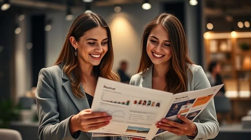 A photorealistic, professional photography, 8K, cinematic lighting, sharp focus, depth of field, shot on a high-end DSLR. Two professional women, one a fashion influencer and the other a brand manager, smiling genuinely as they review a successful campaign report together, symbolizing a strong, lasting partnership built on mutual trust and achievement.