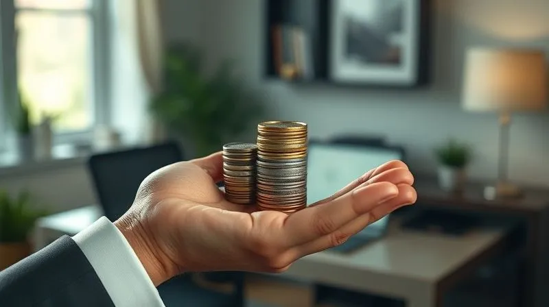 A photorealistic, professional photography, 8K, cinematic lighting, sharp focus, depth of field, shot on a high-end DSLR. A stylish hand gently balancing several small, distinct stacks of currency or coins, each stack representing a different income stream like 'brand deals,' 'affiliate sales,' 'digital products,' and 'consulting,' against a subtly blurred backdrop of a chic home office.